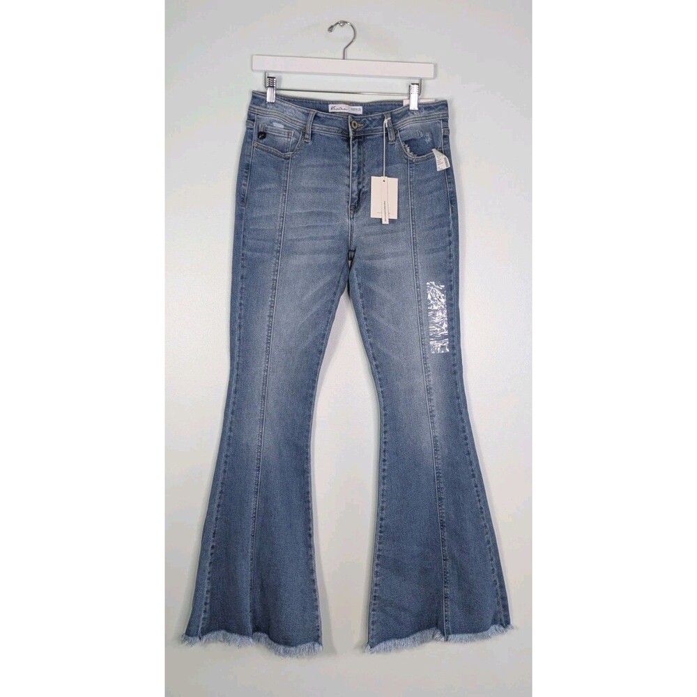 Kancan High Rise Super Flare Jeans Size 28 Frayed Seam Medium Wash Bell Bottom